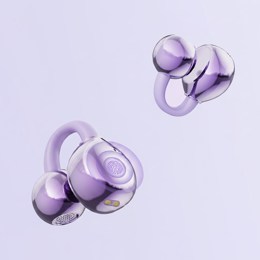 glossy Purple open-ear clip-on wireless earbuds with touch control fingerprint sensor, also in Beige and Black