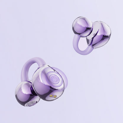 glossy Purple open-ear clip-on wireless earbuds with touch control fingerprint sensor, also in Beige and Black