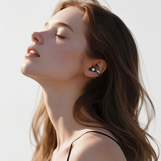 open-ear clip-on earbud worn on the outer ear with no in-ear pressure for calls, in Purple, Beige, Black
