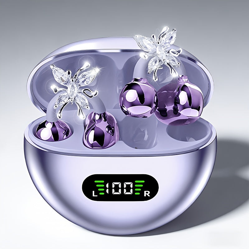 open-ear earbuds in charging case with LED battery display and crystal butterfly charm, Purple, Beige, Black