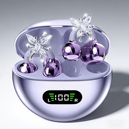 open-ear earbuds in charging case with LED battery display and crystal butterfly charm, Purple, Beige, Black