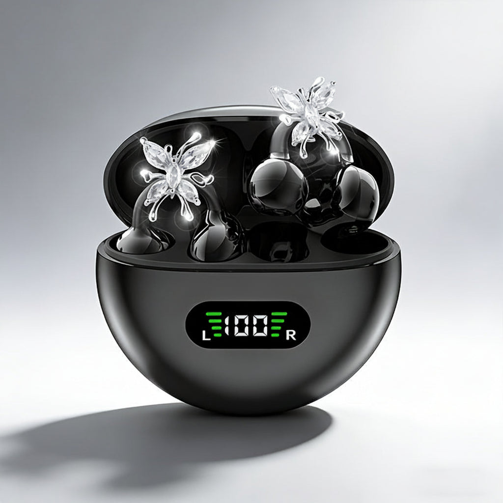 Black clip-on open-ear earbuds with crystal butterfly charm in LED charging case, also in Purple and Beige