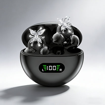 Black clip-on open-ear earbuds with crystal butterfly charm in LED charging case, also in Purple and Beige