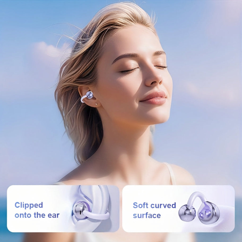 lightweight open-ear clip-on earbuds with soft curved no-pressure all-day comfort, Purple, Beige, Black