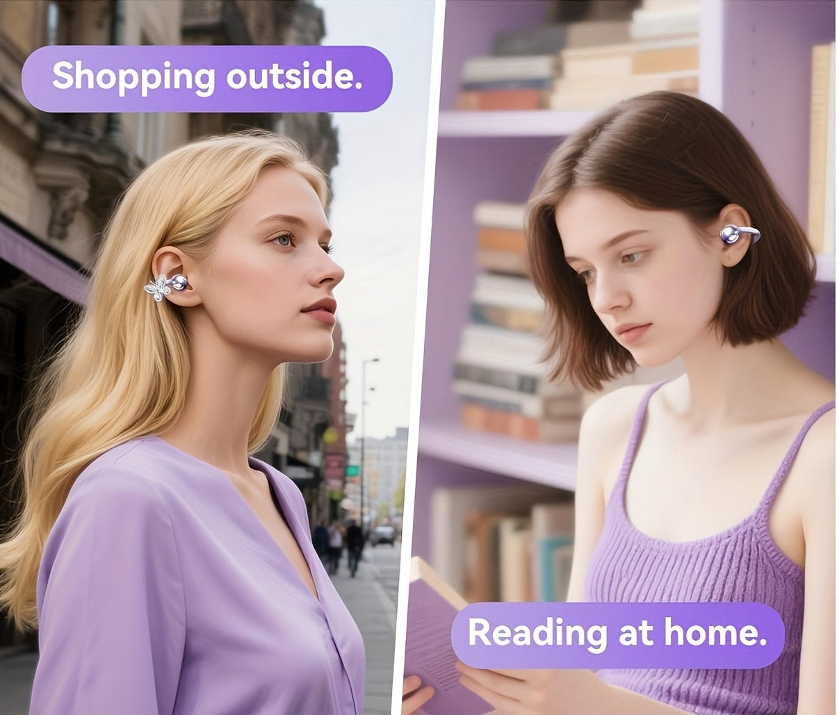 clip-on open-ear earbuds worn like ear jewelry for shopping and reading every day, Purple, Beige, Black