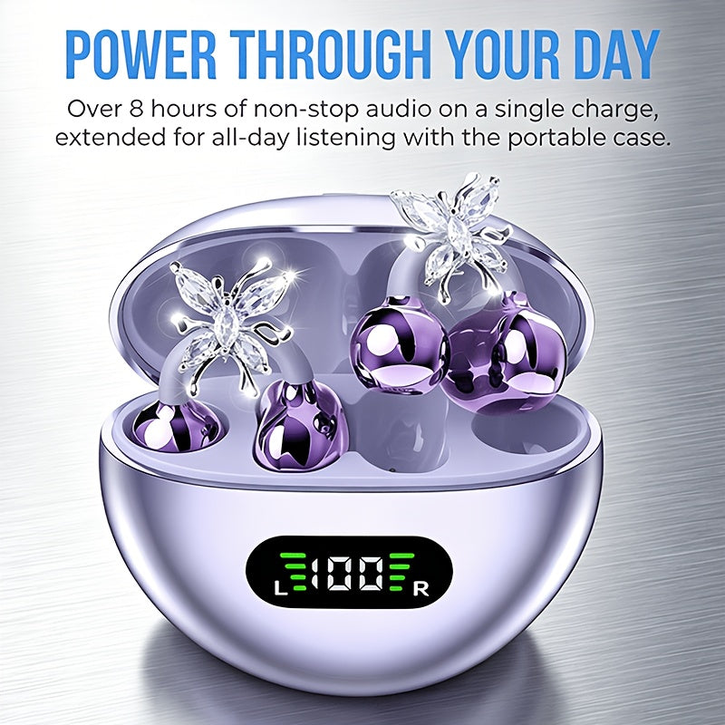 open-ear bluetooth earbuds with 8 hour battery and LED charging case for music all day, Purple, Beige, Black