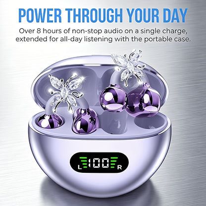 open-ear bluetooth earbuds with 8 hour battery and LED charging case for music all day, Purple, Beige, Black