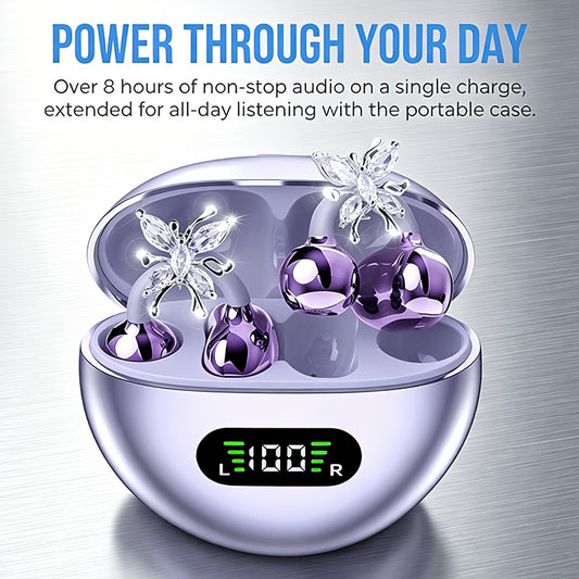 open-ear bluetooth earbuds with 8 hour battery and LED charging case for music all day, Purple, Beige, Black