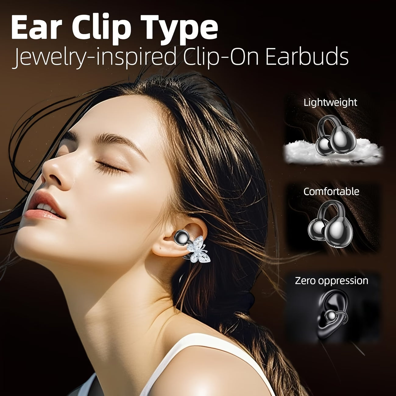 lightweight open-ear clip-on earbuds with a secure no-slip fit for sport and running, Purple, Beige, Black