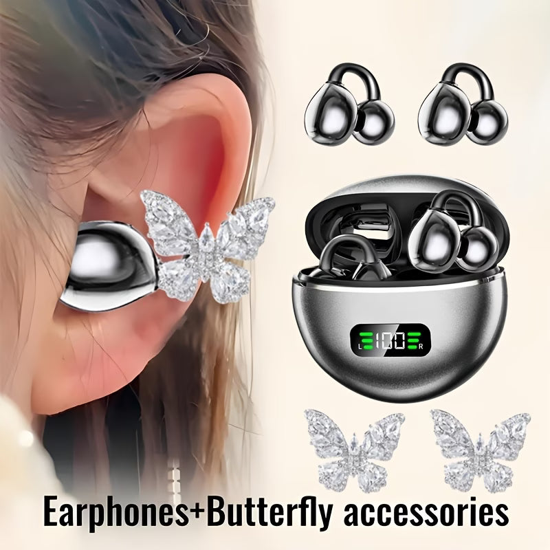 open-ear clip-on earbud set inside charging case with detachable butterfly charms, Purple, Beige, Black