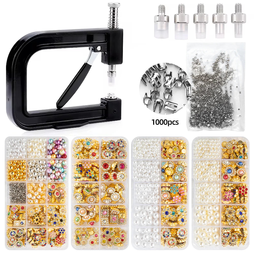 pearl setting machine hand press kit with 5 die heads and 1000 prong studs for no-sew DIY bead and rhinestone fabric decoration, 10-Grid Pearl & Charm, 10-Grid Gold Charms, 10-Grid Pearl Mix, 15-Grid Deluxe