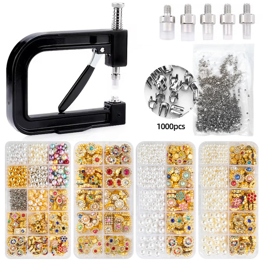 pearl setting machine hand press kit with 5 die heads and 1000 prong studs for no-sew DIY bead and rhinestone fabric decoration, 10-Grid Pearl & Charm, 10-Grid Gold Charms, 10-Grid Pearl Mix, 15-Grid Deluxe