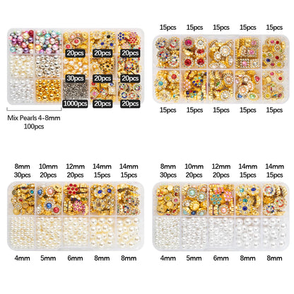bead and pearl assortment boxes with rhinestone charms and 1000 prong studs for DIY fabric decoration and fashion upcycling, 10-Grid Pearl & Charm, 10-Grid Gold Charms, 10-Grid Pearl Mix, 15-Grid Deluxe