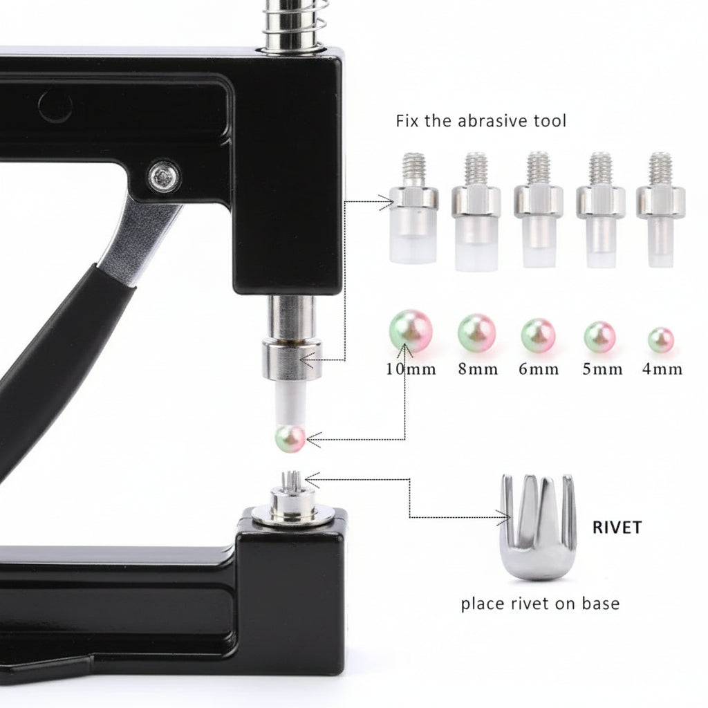 no-sew bead setting tool diagram showing pearl sizes 4mm to 10mm and the prong rivet mechanism for DIY garment embellishment, 10-Grid Pearl & Charm, 10-Grid Gold Charms, 10-Grid Pearl Mix, 15-Grid Deluxe