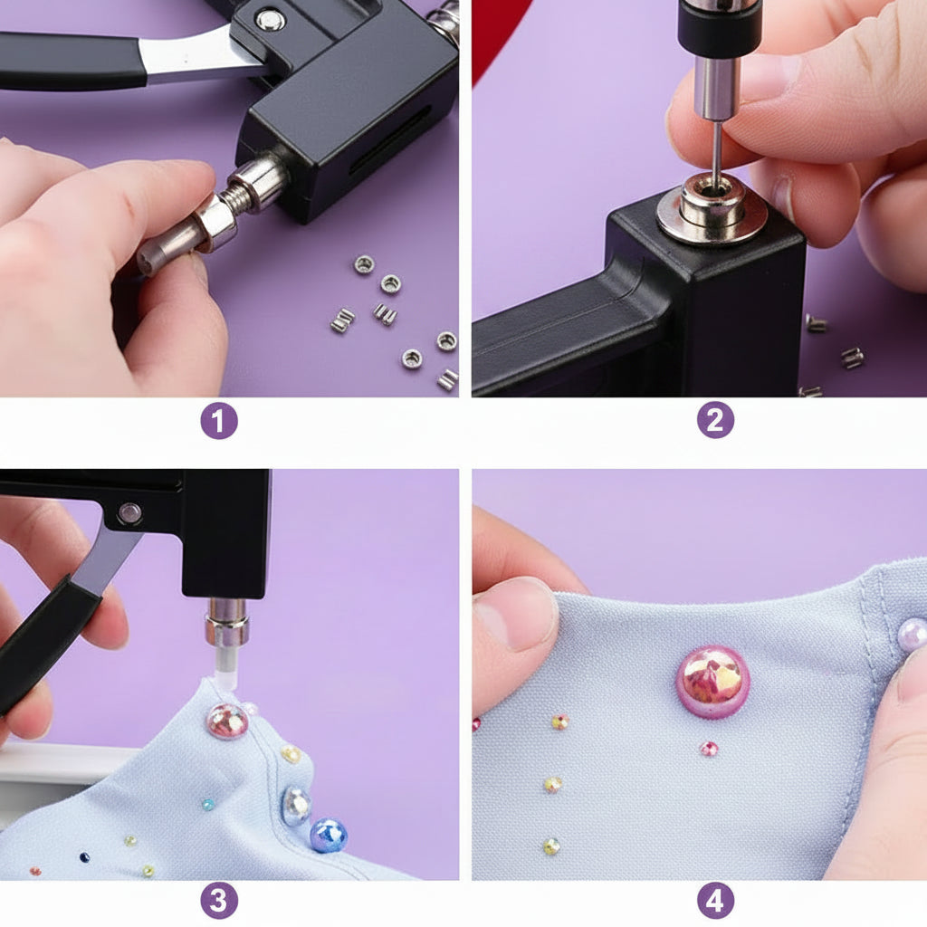 how to use a pearl setting hand press to fix beads onto fabric, step by step DIY clothing and accessory decoration guide, 10-Grid Pearl & Charm, 10-Grid Gold Charms, 10-Grid Pearl Mix, 15-Grid Deluxe