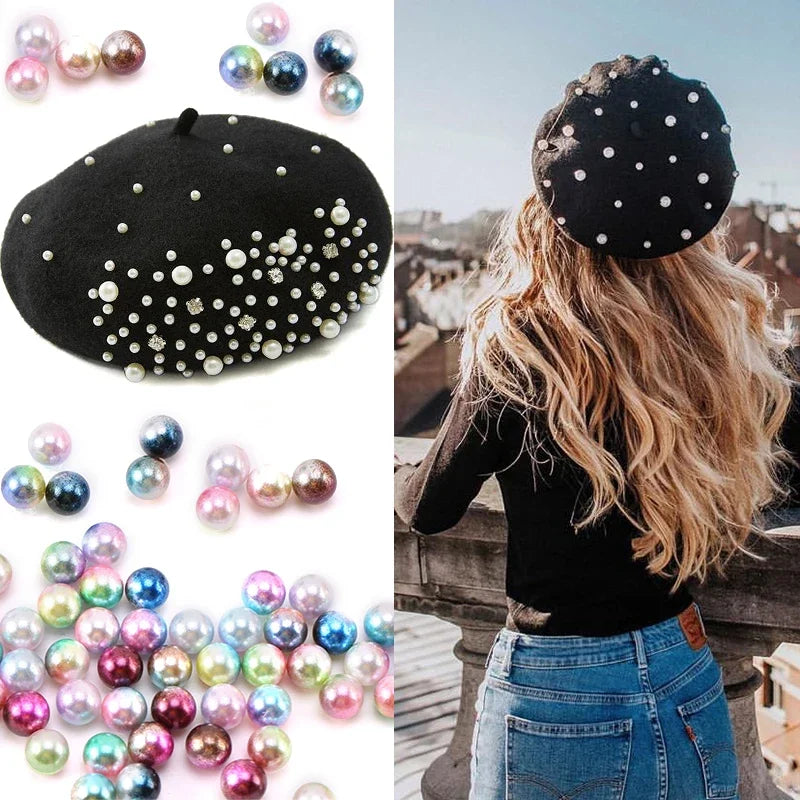 pearl studded beret idea made with a bead setter, DIY hat decoration adding half pearls to fashion accessories and caps, 10-Grid Pearl & Charm, 10-Grid Gold Charms, 10-Grid Pearl Mix, 15-Grid Deluxe