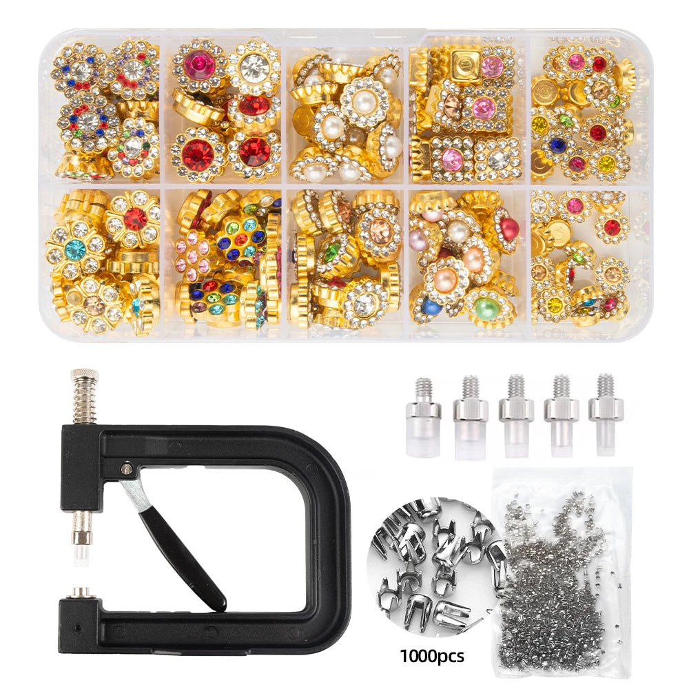 pearl setting machine with a 10 grid gold rhinestone charm box for bedazzling denim jackets handbags and wedding dress crafts, 10-Grid Gold Charms