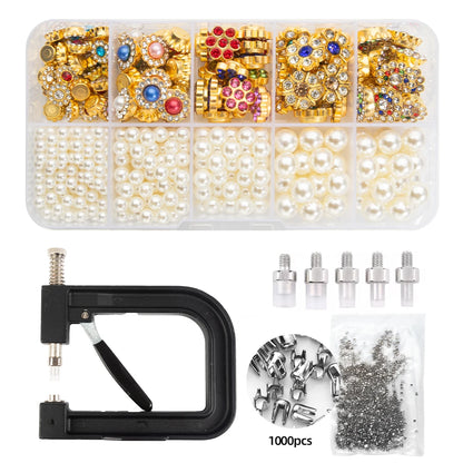 DIY bead applicator kit with assorted half pearls and gold charms for customizing clothing shoes scarves and hair clips, 10-Grid Pearl & Charm