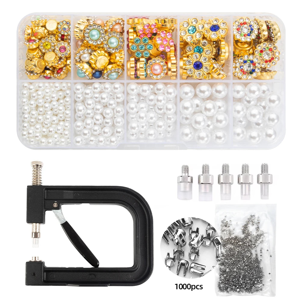 half pearl setting tool with a pearl assortment box for no-sew dress, scarf and blouse embellishment craft projects, 10-Grid Pearl Mix