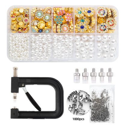 half pearl setting tool with a pearl assortment box for no-sew dress, scarf and blouse embellishment craft projects, 10-Grid Pearl Mix