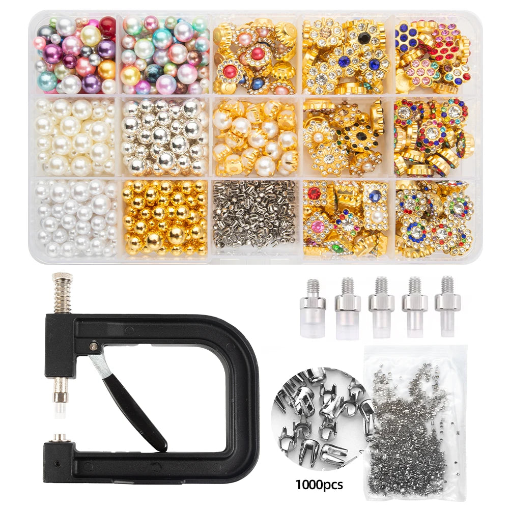 pearl rhinestone setting machine with a 15 grid deluxe bead box for bedazzling clothes hats bags and shoes with more variety, 15-Grid Deluxe