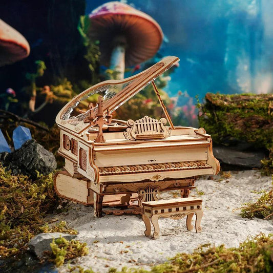 174 piece wooden model kit that plays music when hand wound, kinetic desk decor for pianists and students