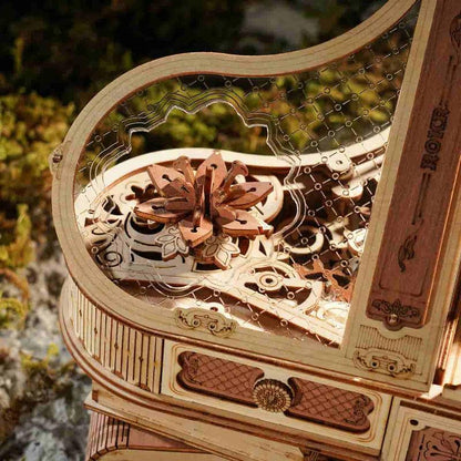 laser cut wooden gear mechanism inside a grand piano music box puzzle, mechanical model kit for teens