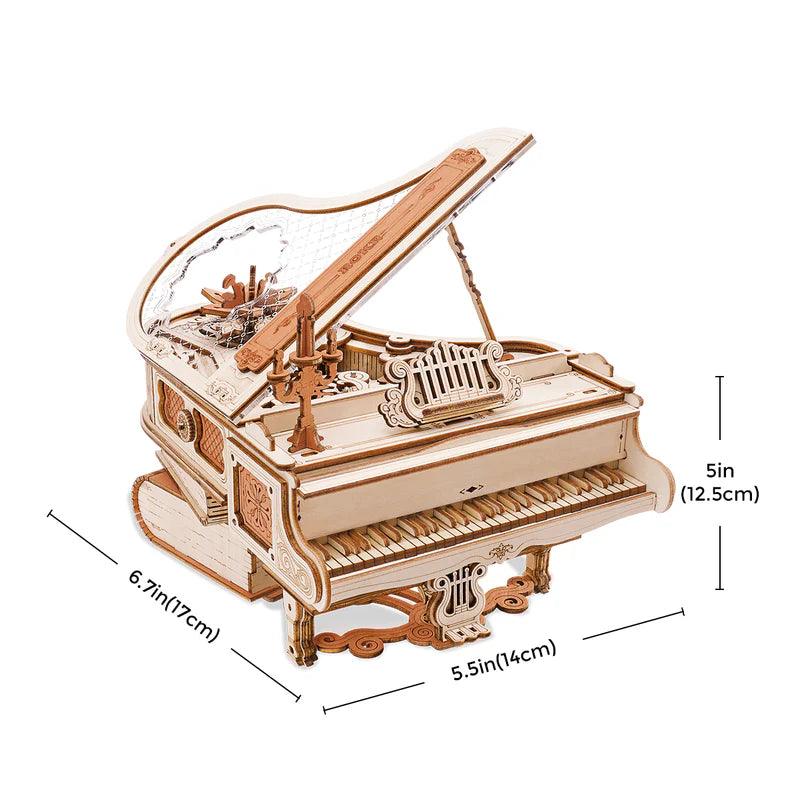 3d wooden puzzle music box measuring 17 cm wide, compact working piano model for a desk or bookshelf