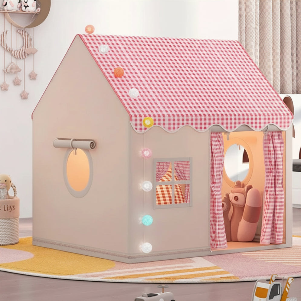 princess castle play tent for girls with pink checkered roof and mirror window, toddler playhouse for bedroom, Pink