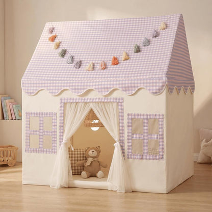 pink princess castle play tent with checkered roof and tassel garland, cozy indoor playhouse for girls, Pink