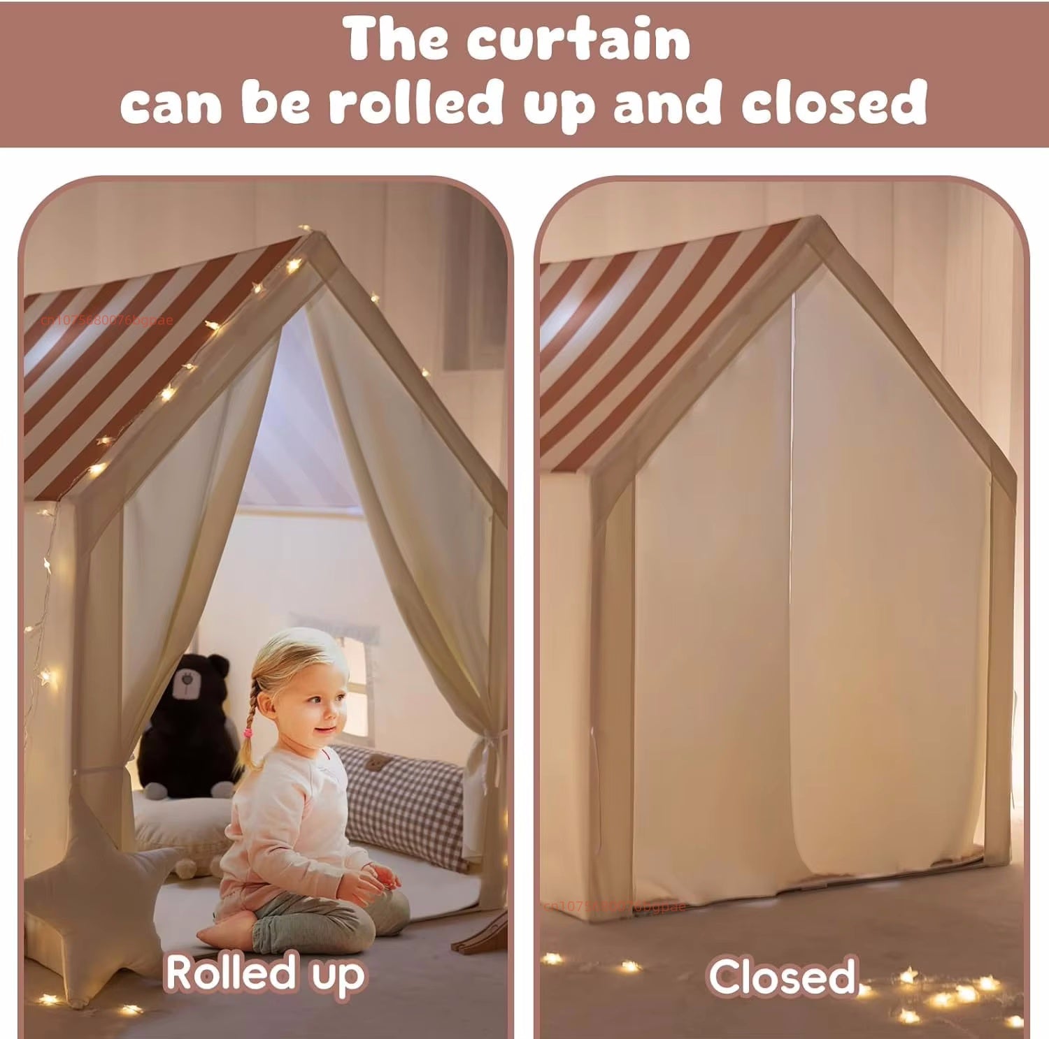 play tent curtain door that rolls up or closes fully, kids playhouse with privacy flap for hideaway games, Beige