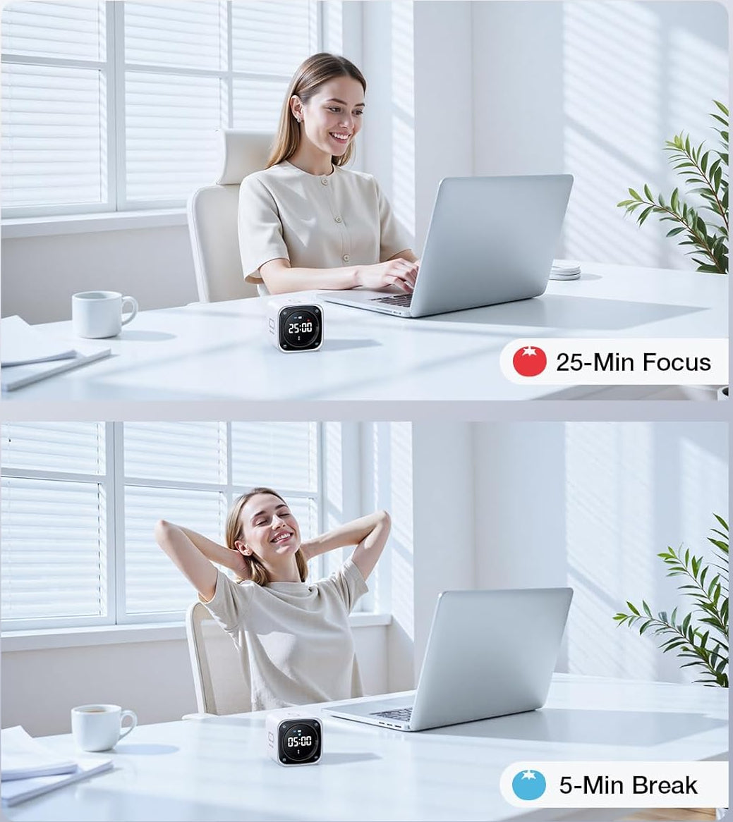 TK3 Woman working on a laptop with a rechargeable pomodoro timer cube with LED display flip countdown and desk clock functions