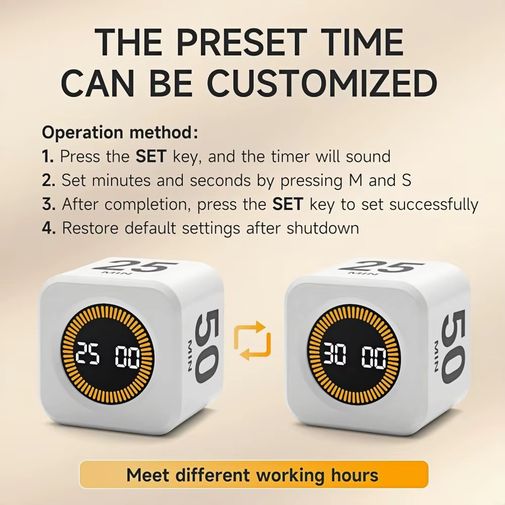 Mini pomodoro timer cube with flip countdown LED display for productivity focus and time management