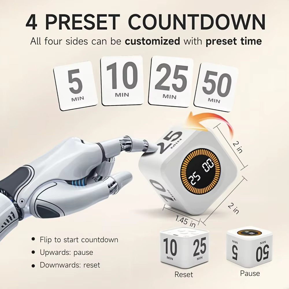 Mini pomodoro timer cube with flip countdown LED display for productivity focus and time management
