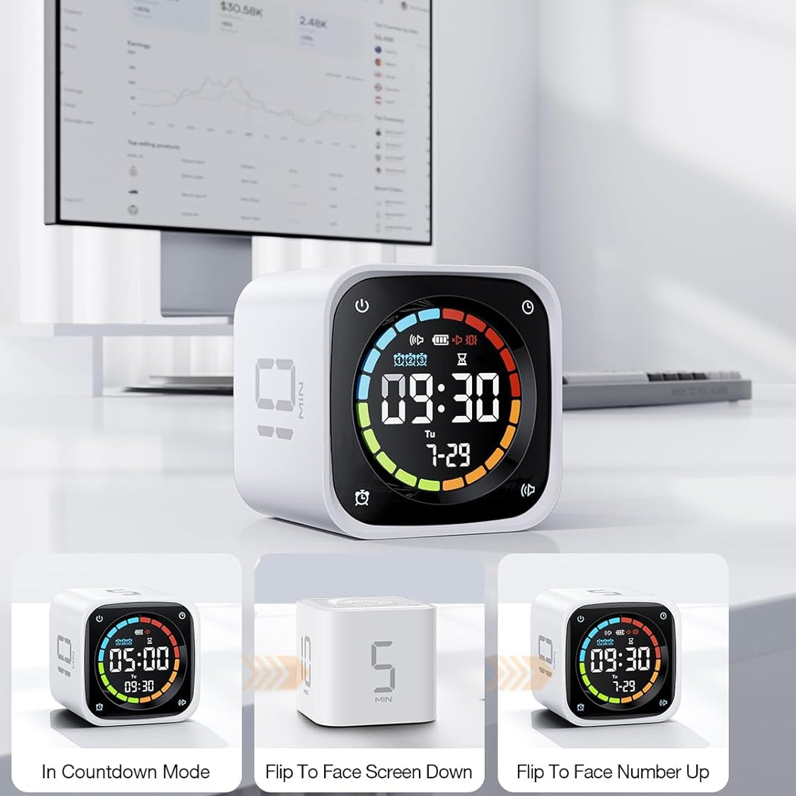 TK3 rechargeable pomodoro timer cube with LED display flip countdown and desk clock functions