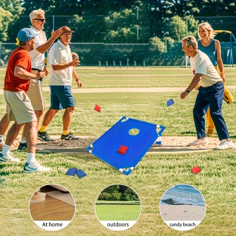 portable cornhole set for home backyard and sandy beach play, foldable bag toss boards for camping trips, 2 Boards (Red + Blue)