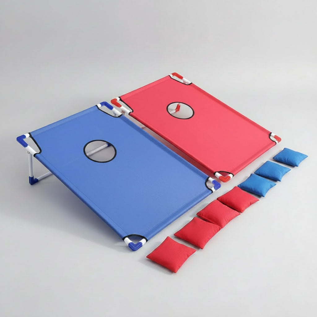 portable folding cornhole boards with bean bags and mat for indoor and outdoor toss games at home