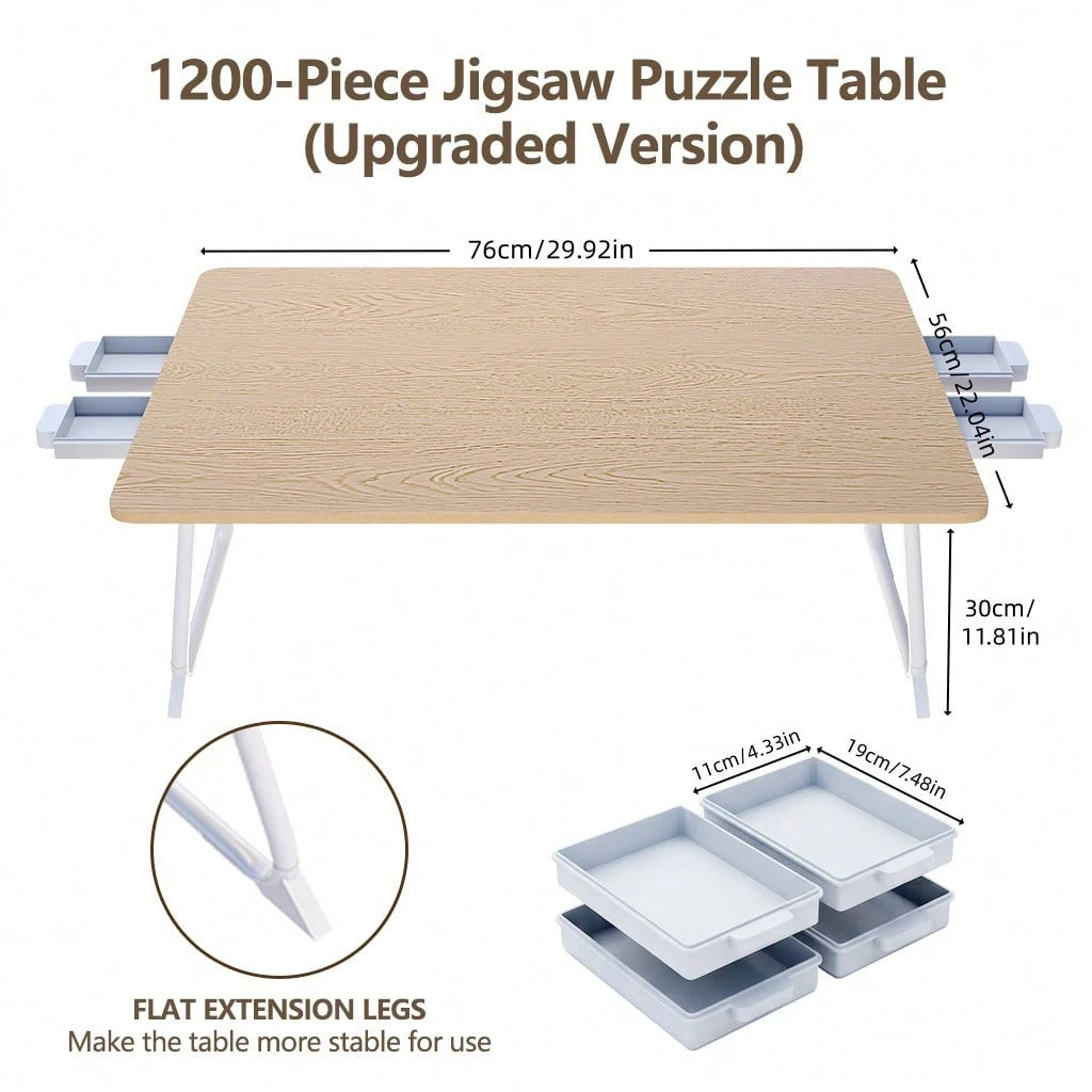 wooden puzzle table sized for 1200 piece jigsaw puzzles with four removable sorting tray drawers and folding legs, 1200 Piece