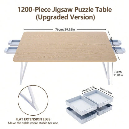 wooden puzzle table sized for 1200 piece jigsaw puzzles with four removable sorting tray drawers and folding legs, 1200 Piece