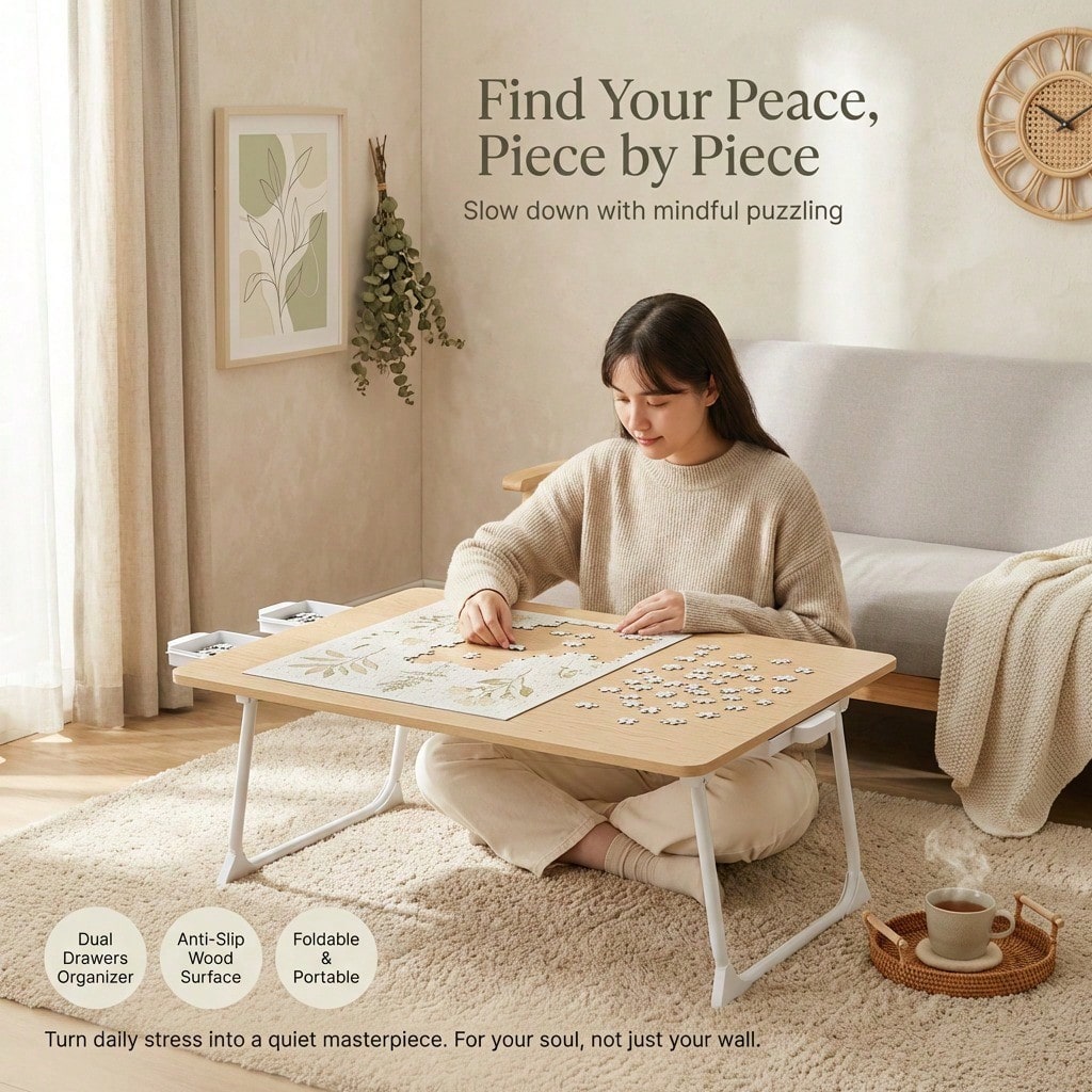 collapsible puzzle table with anti slip wood top and dual drawer organizer, space saving jigsaw desk for apartments, 1200 Piece