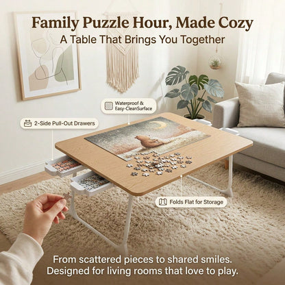 jigsaw puzzle table for the living room with sorting drawers and wipe clean wooden top, cozy hobby desk, 1200 Piece