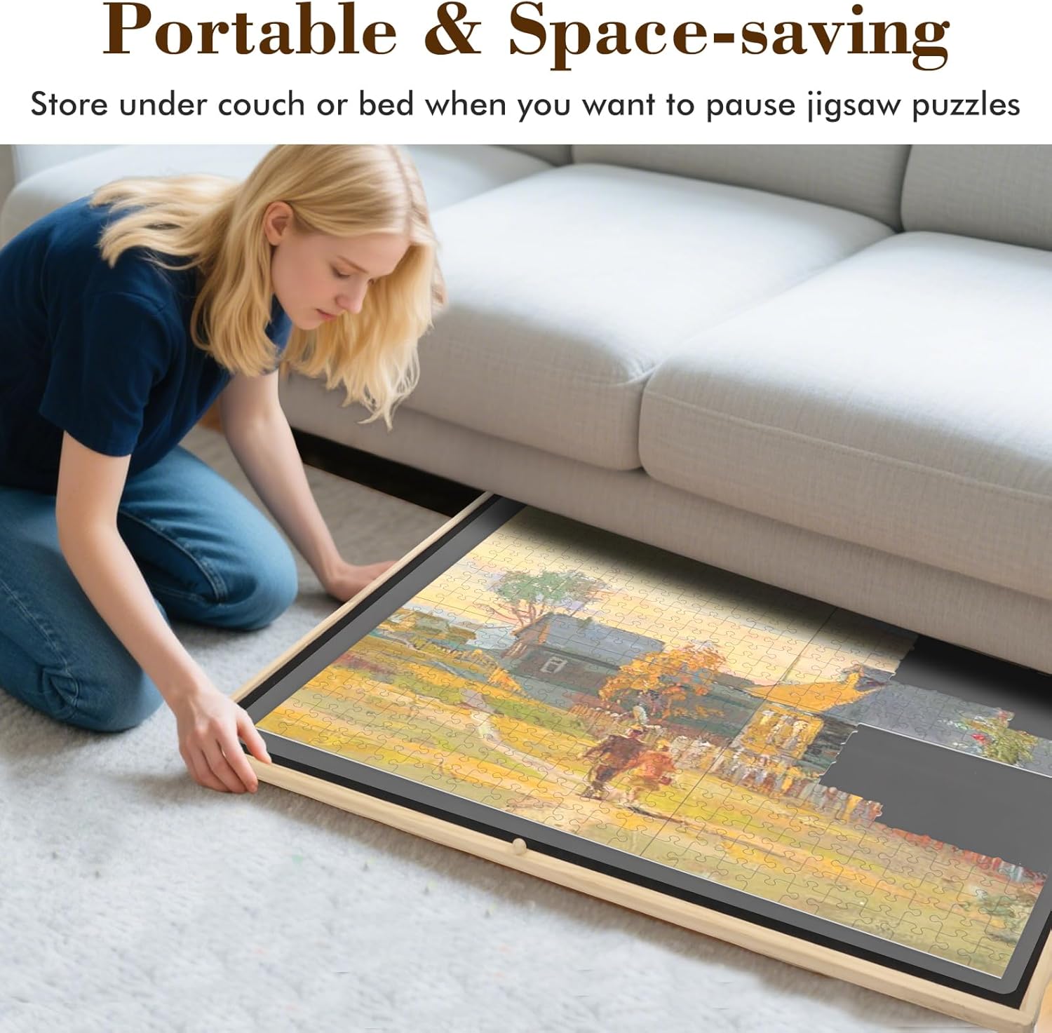 portable space saving puzzle table that slides under a couch or bed to store a 1500 piece puzzle in progress