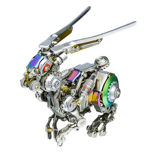 punk mechanical rabbit 3d metal model kit with iridescent anodised plating, cyberpunk animal sculpture for a desk Multicolored