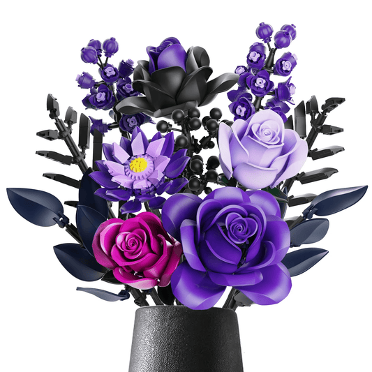 purple rose bouquet building block set assembled as an everlasting flower arrangement for home decor