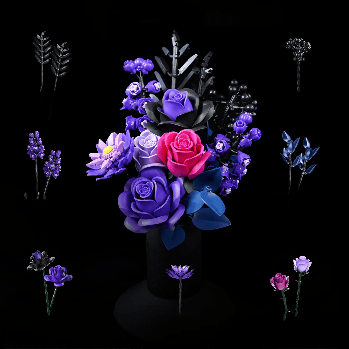 gothic black and magenta rose bricks kit for adults building an artificial bouquet that never wilts