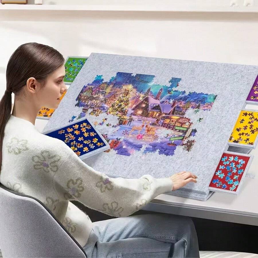 foldable 2000 piece jigsaw puzzle table with 6 color sorting drawers felt anti slip surface portable hobby gift Grey