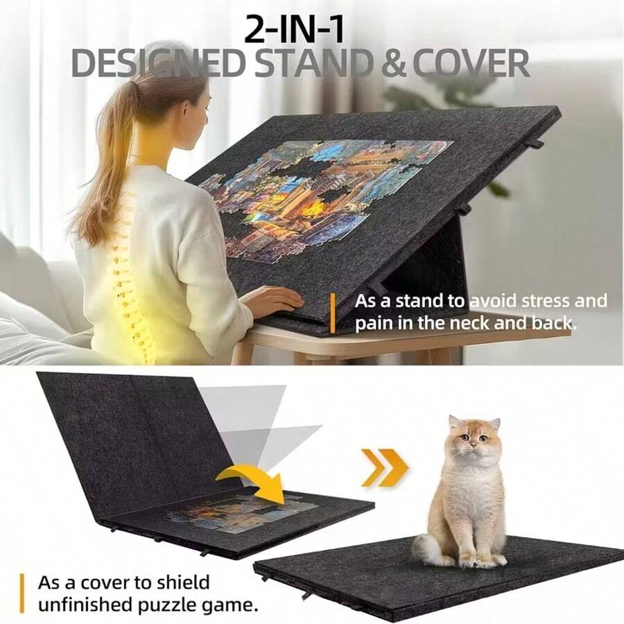 2-in-1 foldable puzzle board tilting stand and felt cover for jigsaw puzzles up to 2000 pieces adults Grey, Black