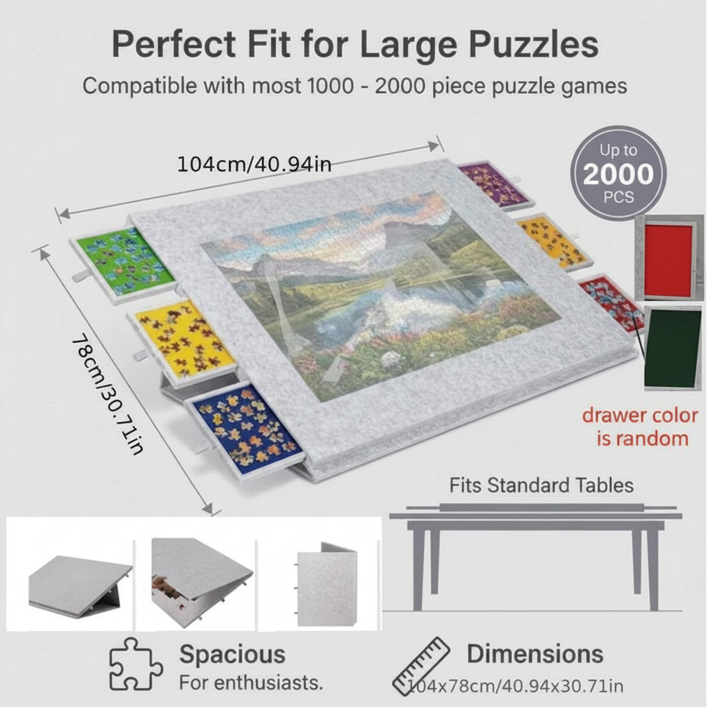 foldable puzzle board for 2000 pieces 104x78cm adjustable tilting stand sorting drawers fits standard tables Grey, Black