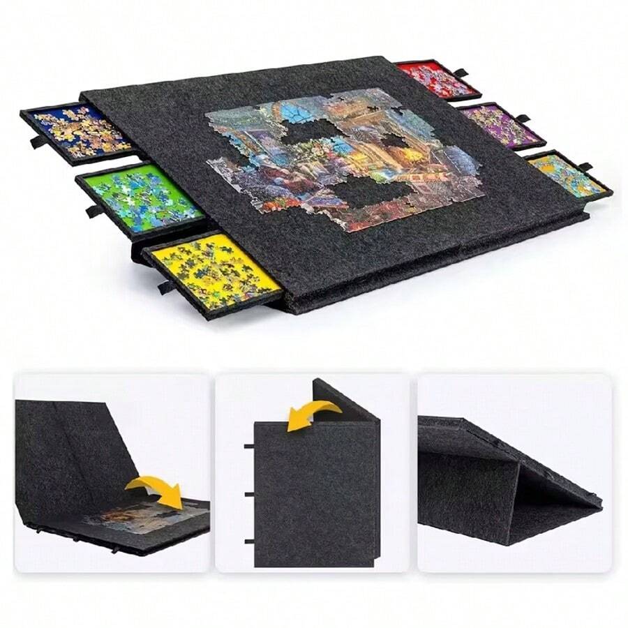 foldable jigsaw puzzle board 2000 pieces with 6 sorting drawers portable felt anti slip tabletop adult Black