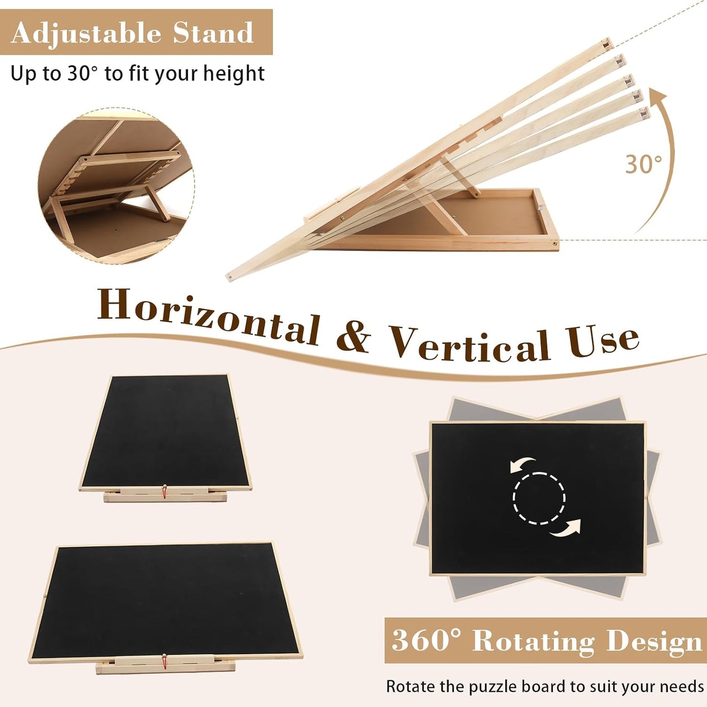 puzzle board stand tilts up to 30 degrees with 5 height levels and a 360 rotating lazy susan base for easy reach